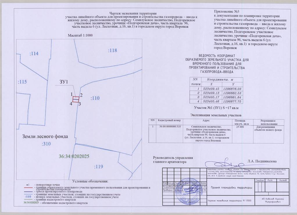 Постановление администрации городского округа город Воронеж от 25.03.2020 N 245 "Об утверждении документации по планировке территории участка линейного объекта для проектирования и строительства газопровода – ввода к жилому дому, расположенному по адресу: Семилукское лесничество, Подгоренское участковое лесничество, урочище "Подгоренская дача", часть квартала 96, часть выдела 6 (ул. Лесхозная, д. 16, кв. 1) в городском округе город Воронеж "
